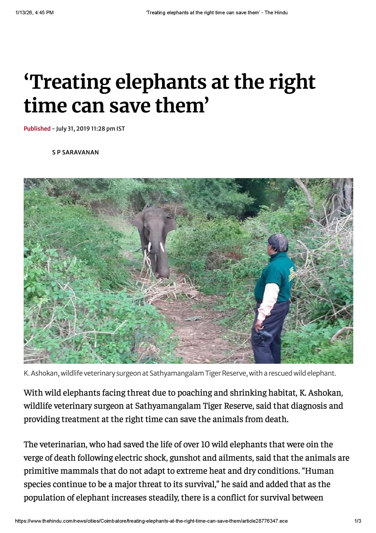‘Treating elephants at the right time can save them’ The Hindu page 001